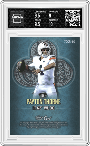 Payton Thorne from the 2023 Wild Card Seven Card Studs  set featuring a Teal Club parallel graded by Arena Club and given an overall grade of 9.5.