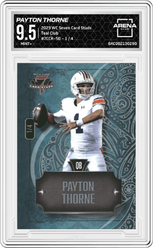 Payton Thorne from the 2023 Wild Card Seven Card Studs  set featuring a Teal Club parallel graded by Arena Club and given an overall grade of 9.5.