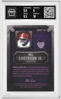 Will Anderson Jr. from the 2023 Wild Card Matte SP Promo set featuring a Purple/Red parallel graded by Arena Club and given an overall grade of 9.5.