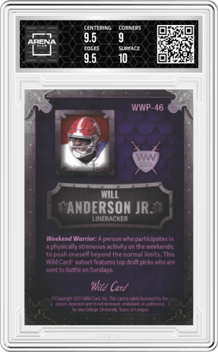 Will Anderson Jr. from the 2023 Wild Card Matte SP Promo set featuring a Purple/Red parallel graded by Arena Club and given an overall grade of 9.5.