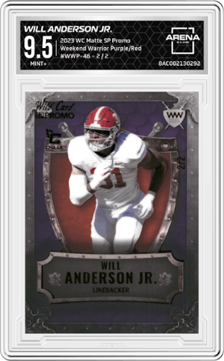 Will Anderson Jr. from the 2023 Wild Card Matte SP Promo set featuring a Purple/Red parallel graded by Arena Club and given an overall grade of 9.5.
