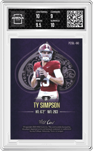Ty Simpson from the 2023 Wild Card Seven Card Studs  set featuring a Silver Foil Purple parallel graded by Arena Club and given an overall grade of 9.5.