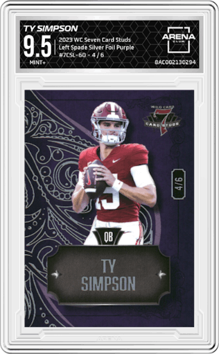Ty Simpson from the 2023 Wild Card Seven Card Studs  set featuring a Silver Foil Purple parallel graded by Arena Club and given an overall grade of 9.5.