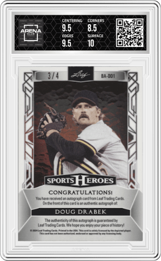 Doug Drabek from the 2024 Leaf Sports Heroes set featuring a Platinum Blue Crystal parallel graded by Arena Club and given an overall grade of 9.
