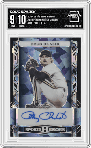 Doug Drabek from the 2024 Leaf Sports Heroes set featuring a Platinum Blue Crystal parallel graded by Arena Club and given an overall grade of 9.