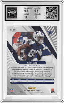 CeeDee Lamb from the 2023 Panini Phoenix set featuring a Red parallel graded by Arena Club and given an overall grade of 10.