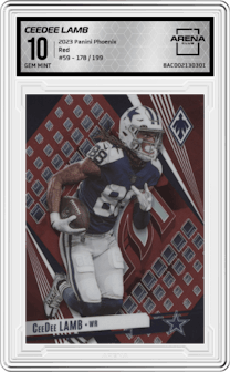CeeDee Lamb from the 2023 Panini Phoenix set featuring a Red parallel graded by Arena Club and given an overall grade of 10.