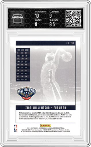 Zion Williamson from the 2019-20 Panini Chronicles  set graded by Arena Club and given an overall grade of 9.