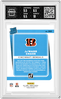 Ja'Marr Chase from the 2021 Panini Donruss set featuring a Press Proof Bronze parallel graded by Arena Club and given an overall grade of 9.