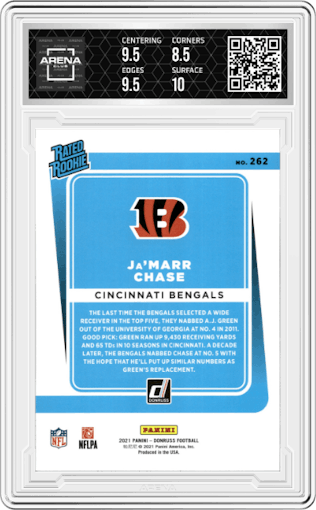 Ja'Marr Chase from the 2021 Panini Donruss set featuring a Press Proof Bronze parallel graded by Arena Club and given an overall grade of 9.