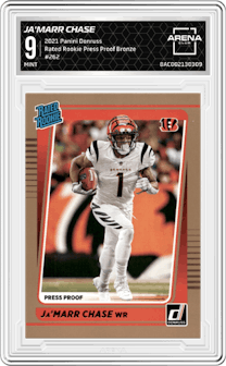 Ja'Marr Chase from the 2021 Panini Donruss set featuring a Press Proof Bronze parallel graded by Arena Club and given an overall grade of 9.