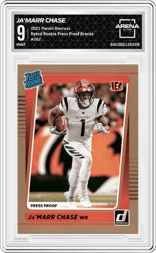 Ja'Marr Chase from the 2021 Panini Donruss set featuring a Press Proof Bronze parallel graded by Arena Club and given an overall grade of 9.