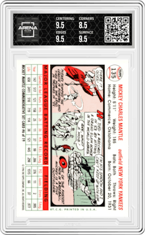 Mickey Mantle from the 1996 Topps set graded by Arena Club and given an overall grade of 9.
