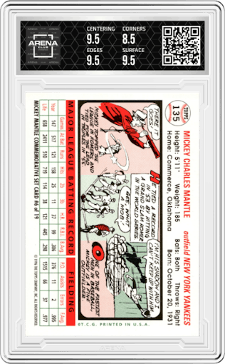 Mickey Mantle from the 1996 Topps set graded by Arena Club and given an overall grade of 9.