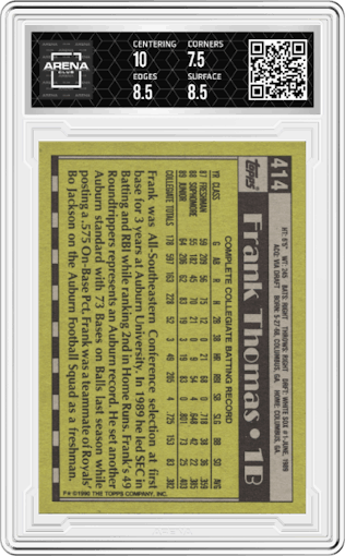 Frank Thomas from the 1990 Topps set graded by Arena Club and given an overall grade of 8.