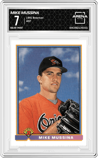Mike Mussina  from the 1991 Bowman set graded by Arena Club and given an overall grade of 7.