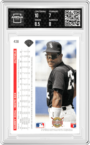 Sammy Sosa from the 1992 Upper Deck set graded by Arena Club and given an overall grade of 7.5.