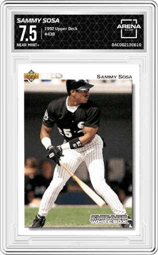 Sammy Sosa from the 1992 Upper Deck set graded by Arena Club and given an overall grade of 7.5.
