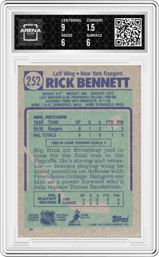 Rick Bennett from the 1990-91 Topps set featuring a Variation parallel graded by Arena Club and given an overall grade of 2.
