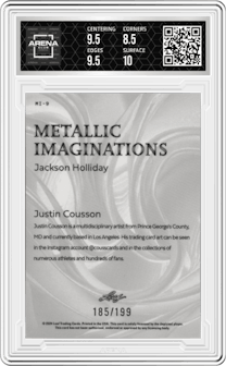 Jackson Holliday from the 2024 Leaf Metallic Imaginations set featuring a Red parallel graded by Arena Club and given an overall grade of 9.
