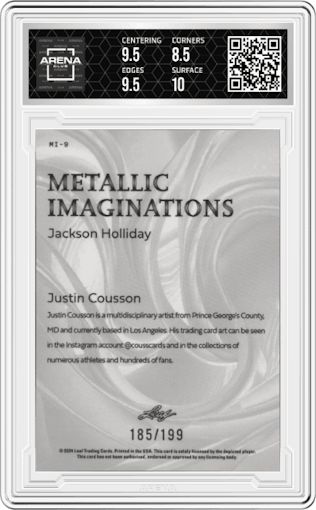 Jackson Holliday from the 2024 Leaf Metallic Imaginations set featuring a Red parallel graded by Arena Club and given an overall grade of 9.