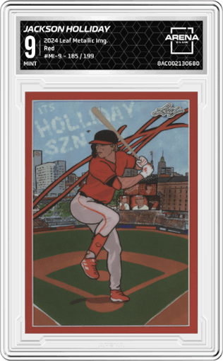 Jackson Holliday from the 2024 Leaf Metallic Imaginations set featuring a Red parallel graded by Arena Club and given an overall grade of 9.