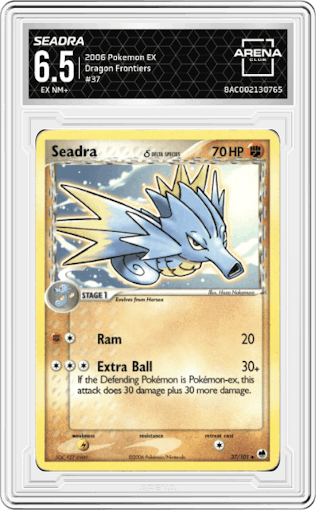 Seadra from the 2006 Pokemon EX set graded by Arena Club and given an overall grade of 6.5.