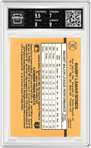 Barry Bonds from the 1989 Donruss set graded by Arena Club and given an overall grade of 8.