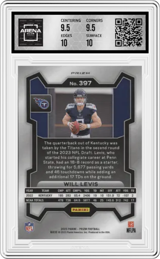 Will Levis from the 2023 Panini Prizm set featuring a Silver Prizm parallel graded by Arena Club and given an overall grade of 10.
