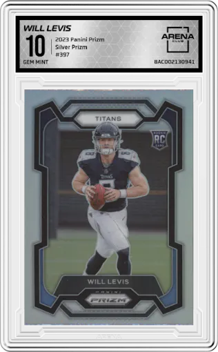 Will Levis from the 2023 Panini Prizm set featuring a Silver Prizm parallel graded by Arena Club and given an overall grade of 10.