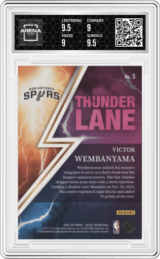 Victor Wembanyama from the 2023-24 Panini Select  set graded by Arena Club and given an overall grade of 9.5.