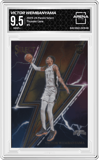 Victor Wembanyama from the 2023-24 Panini Select  set graded by Arena Club and given an overall grade of 9.5.