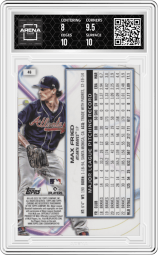 Max Fried from the 2023 Topps Cosmic Chrome set featuring a SuperFractor parallel graded by Arena Club and given an overall grade of 8.5.