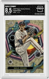 Max Fried from the 2023 Topps Cosmic Chrome set featuring a SuperFractor parallel graded by Arena Club and given an overall grade of 8.5.