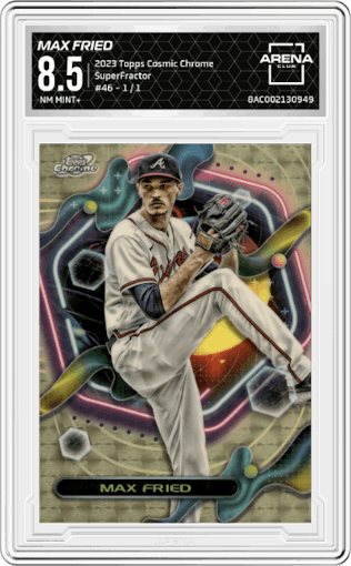 Max Fried from the 2023 Topps Cosmic Chrome set featuring a SuperFractor parallel graded by Arena Club and given an overall grade of 8.5.
