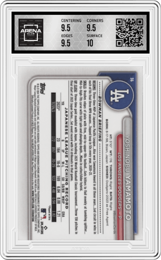 Yoshinobu Yamamoto from the 2024 Bowman Mega Box set graded by Arena Club and given an overall grade of 10.