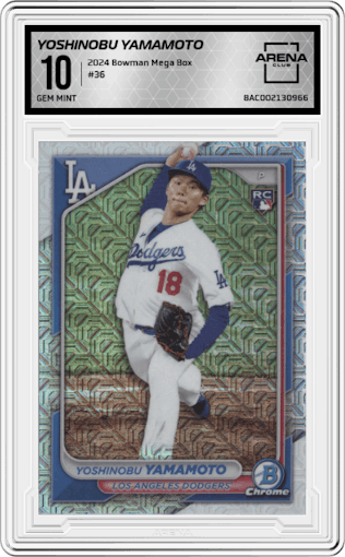 Yoshinobu Yamamoto from the 2024 Bowman Mega Box set graded by Arena Club and given an overall grade of 10.