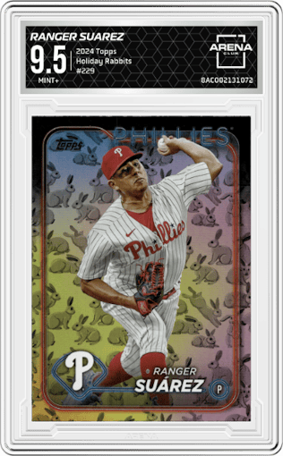 Ranger Suarez from the 2024 Topps  set featuring a  Holiday Rabbits parallel graded by Arena Club and given an overall grade of 9.5.