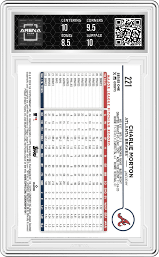Charlie Morton from the 2024 Topps  set featuring a Holiday parallel graded by Arena Club and given an overall grade of 9.