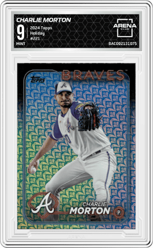 Charlie Morton from the 2024 Topps  set featuring a Holiday parallel graded by Arena Club and given an overall grade of 9.