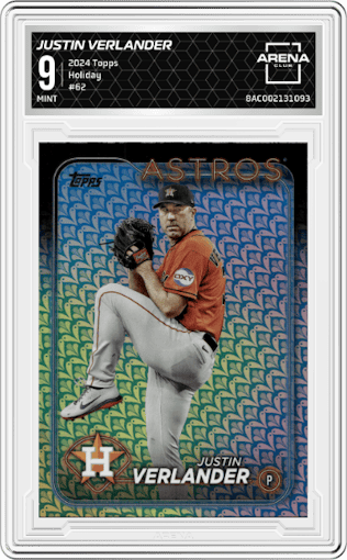 Justin Verlander from the 2024 Topps  set featuring a Holiday parallel graded by Arena Club and given an overall grade of 9.