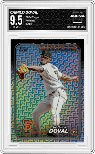 Camilo Doval from the 2024 Topps  set featuring a Holiday parallel graded by Arena Club and given an overall grade of 9.5.