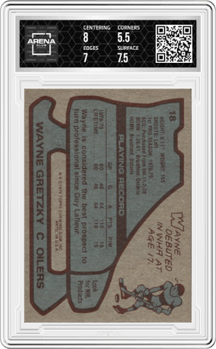 Wayne Gretzky from the 1979-80 Topps set graded by Arena Club and given an overall grade of 6.