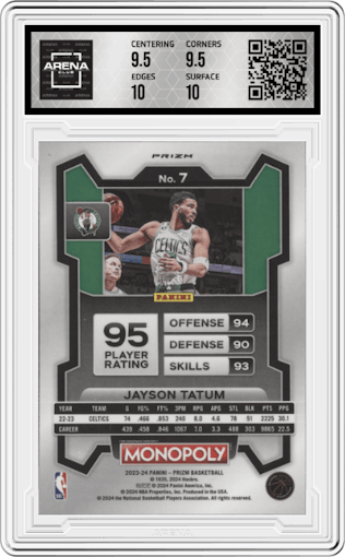 Jayson Tatum from the 2023-24 Panini Prizm Monopoly set featuring a Deal parallel graded by Arena Club and given an overall grade of 10.