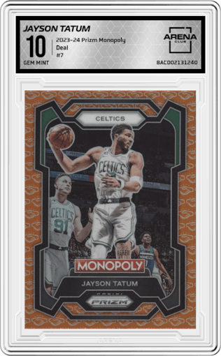 Jayson Tatum from the 2023-24 Panini Prizm Monopoly set featuring a Deal parallel graded by Arena Club and given an overall grade of 10.