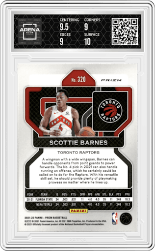 Scottie Barnes from the 2021-22 Panini Prizm  set featuring a Red Ice parallel graded by Arena Club and given an overall grade of 9.5.