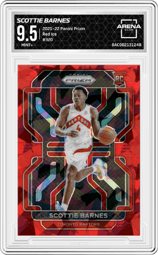 Scottie Barnes from the 2021-22 Panini Prizm  set featuring a Red Ice parallel graded by Arena Club and given an overall grade of 9.5.