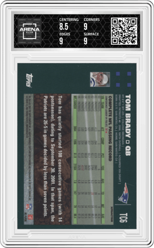 Tom Brady from the 2007 Topps Chrome set featuring a XFractor parallel graded by Arena Club and given an overall grade of 9.