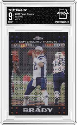 Tom Brady from the 2007 Topps Chrome set featuring a XFractor parallel graded by Arena Club and given an overall grade of 9.