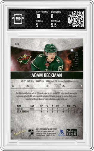 Adam Beckman from the 2021-22 Skybox Metal Universe set featuring a Red parallel graded by Arena Club and given an overall grade of 8.5.